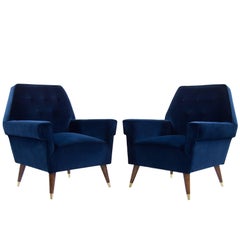 Italian Navy Blue Velvet Lounge Chairs with Splayed Legs