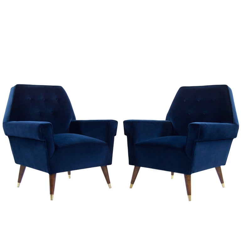 Italian Navy Blue Velvet Lounge Chairs with Splayed Legs at 1stDibs