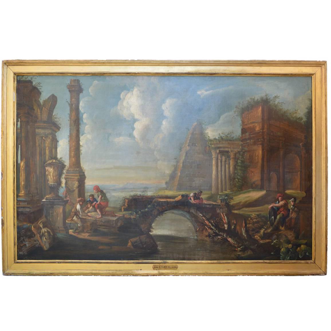 Large Oil Painting Capriccio in the Style of Giovanni Paolo Pannini, circa 1760