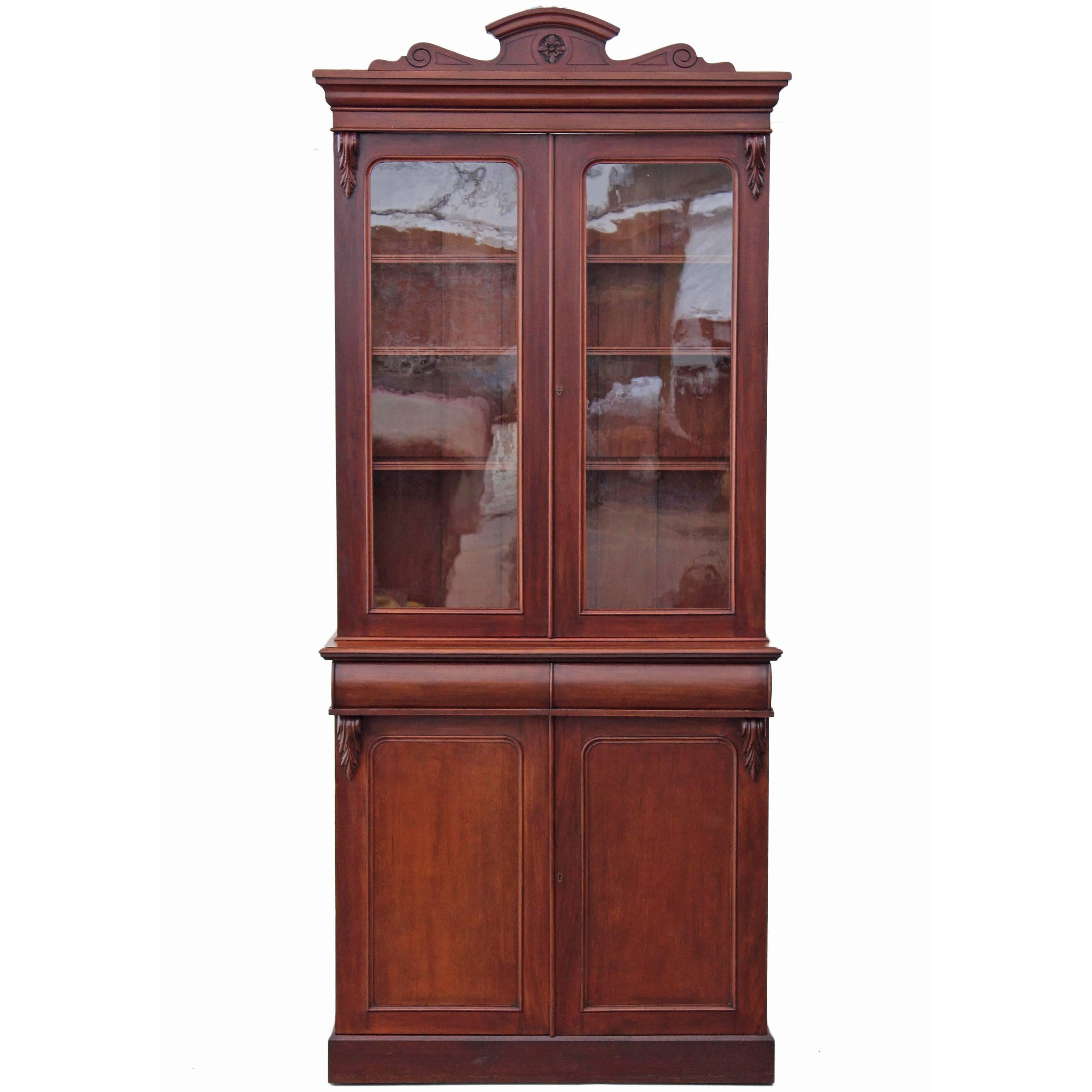 Antique Tall Victorian Mahogany Glazed Bookcase Display Cabinet Cupboard For Sale