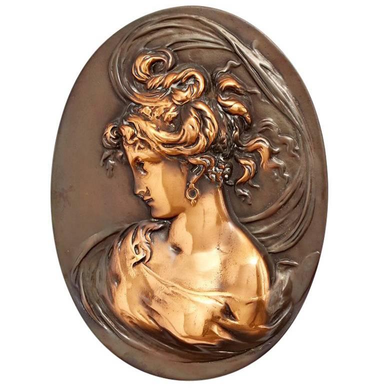 Elegant Copper Relief of Left-Facing Female Bust, circa 1905