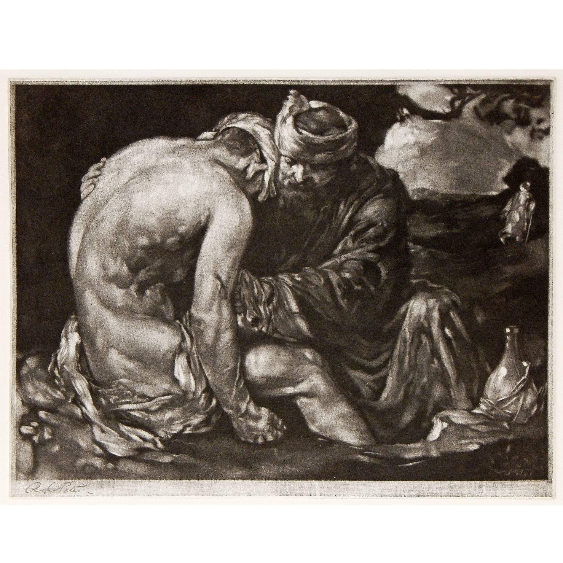 « The Good Samaritan » (Le bon Samaritain), Mezzotint rare avec nu masculin de Robert Charles Peter