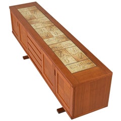 Gangso Mobler Long Danish Teak Autumnal Themed Tile Top Parquet Buffet Credenza