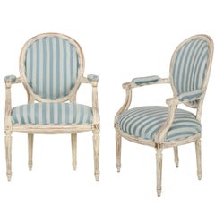 French Louis XVI Style Distressed White Painted Vintage Armchairs