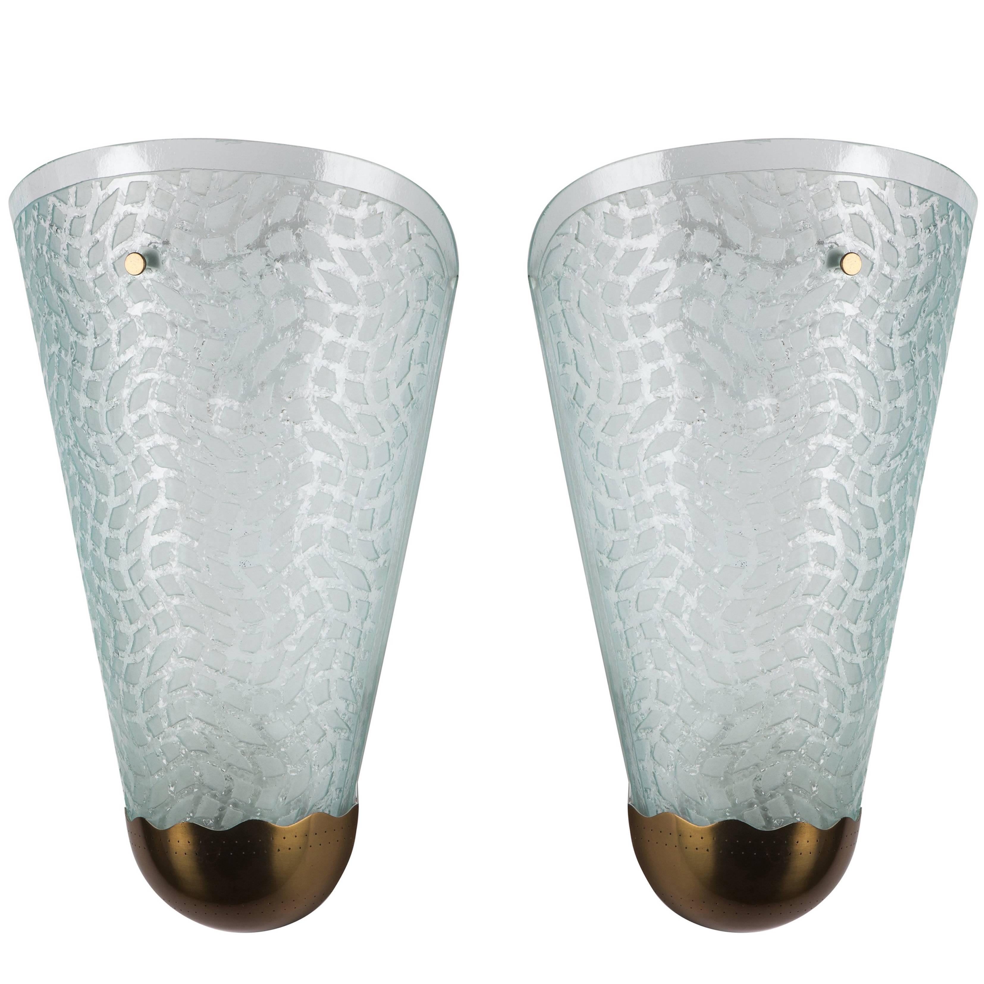 Etched and Textured Glass Sconces by Glossner, Swedish, circa 1940