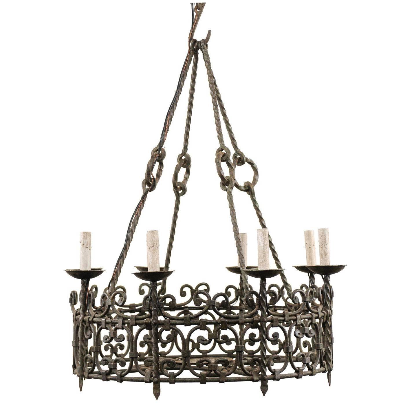 Eight-Light Intricately Scrolled Dark Iron Ring Chandelier, Mid-20th Century For Sale