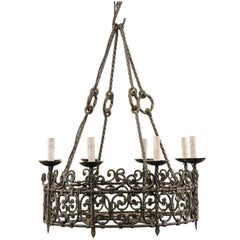 Antique Eight-Light Intricately Scrolled Dark Iron Ring Chandelier, Mid-20th Century