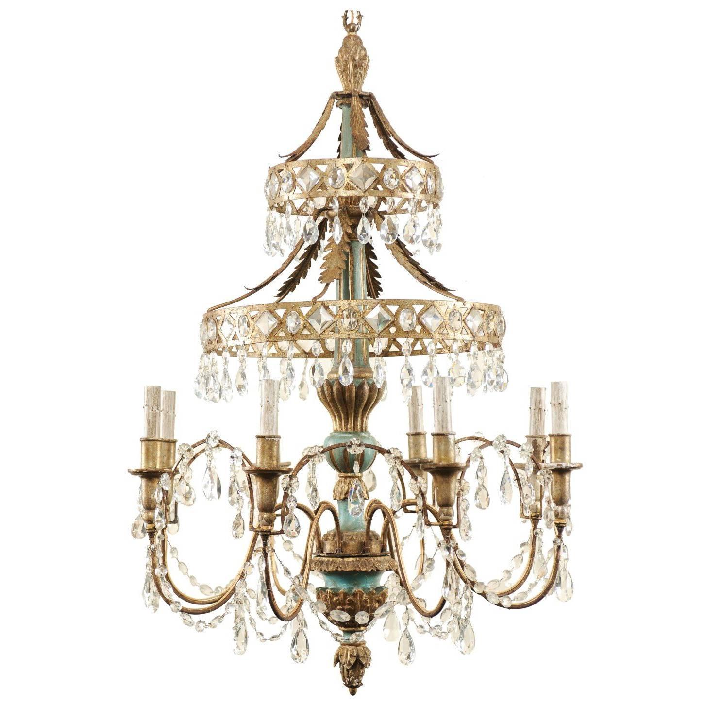 Midcentury Italian Eight-Light Crystal and Wood Chandelier with Pale Teal Tones