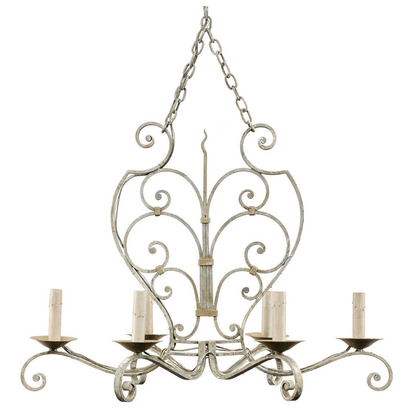 French Midcentury Painted Iron Six-Light Chandelier with Lovely Scrolls