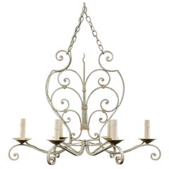 French Midcentury Painted Iron Six-Light Chandelier with Lovely Scrolls