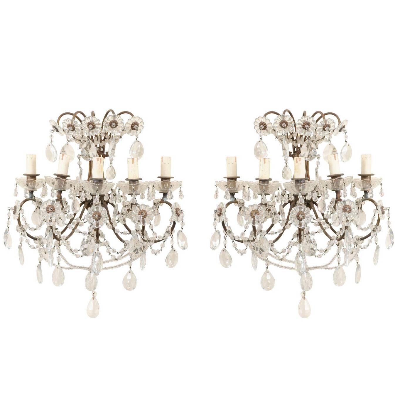 Pair of Italian Crystal Sconces w/ Waterfall Tops and Scrolling Metal Armature