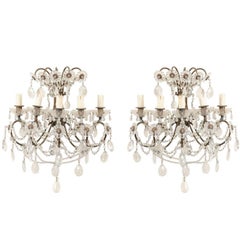 Pair of Italian Crystal Sconces w/ Waterfall Tops and Scrolling Metal Armature