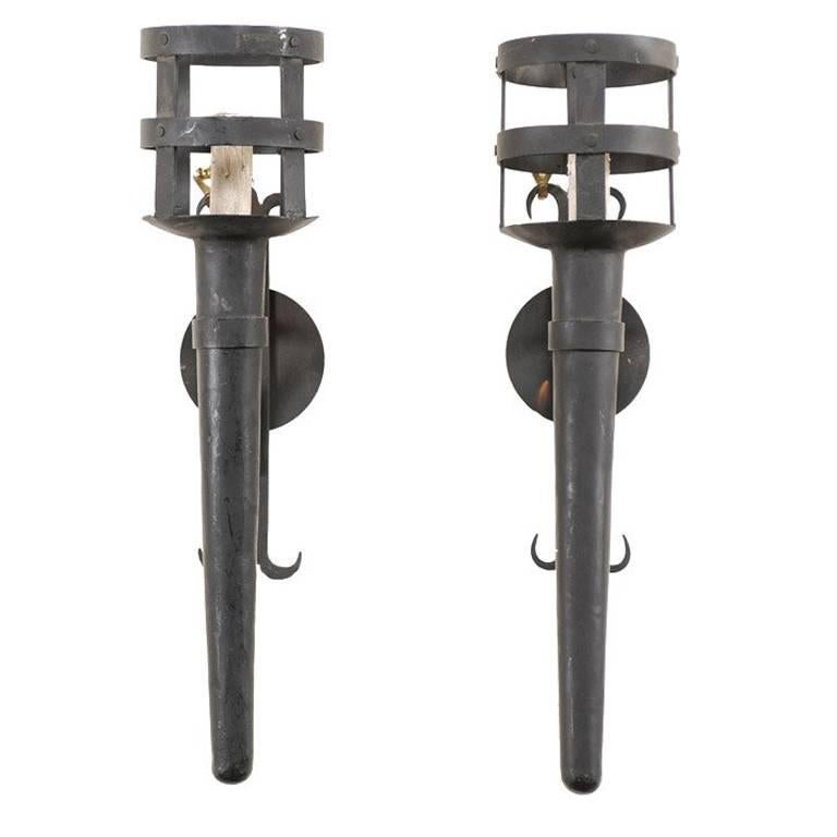 Pair of Tall and Narrow Iron Torch Single-Light Wired Black Sconces