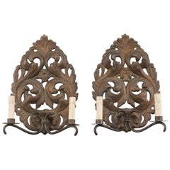 Pair of Italian Tole Two-Light Sconces with Scrolling Acanthus Leaf Backplates