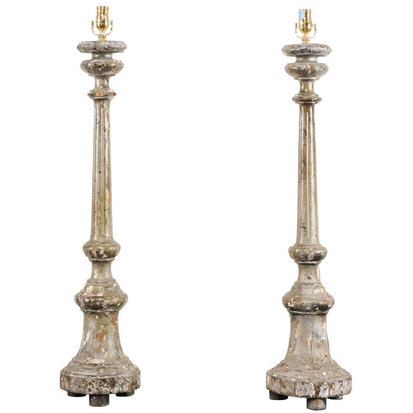 Pair of Italian 19th Century Carved Wood Altar Sticks Made into Table Lamps