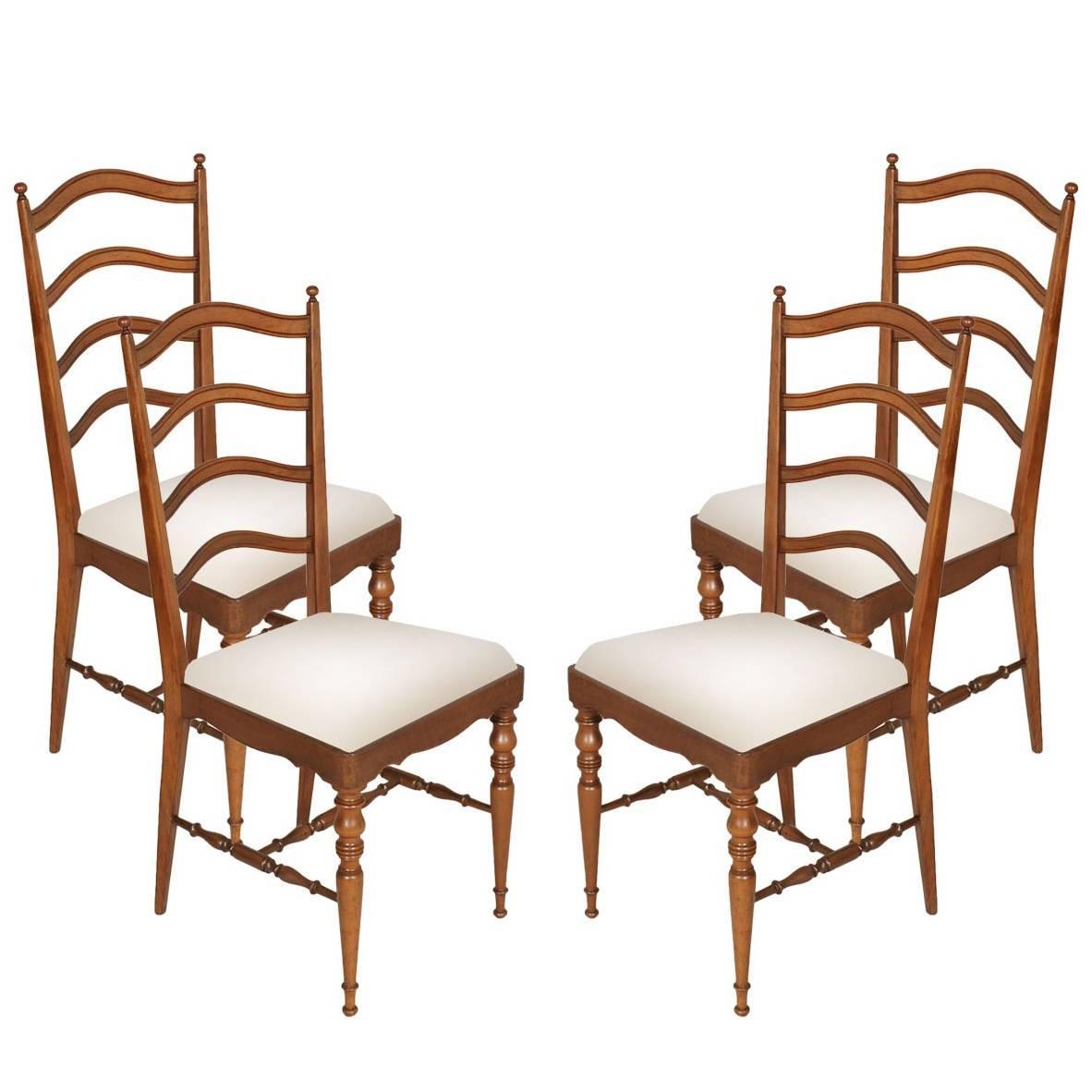 Four Mid-Century Modern Dining Chiavari Chairs, Blond Walnut with New Upholstery For Sale