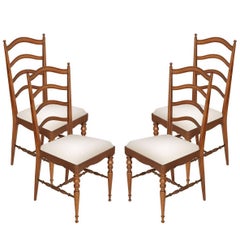 Four Mid-Century Modern Dining Chiavari Chairs, Blond Walnut with New Upholstery