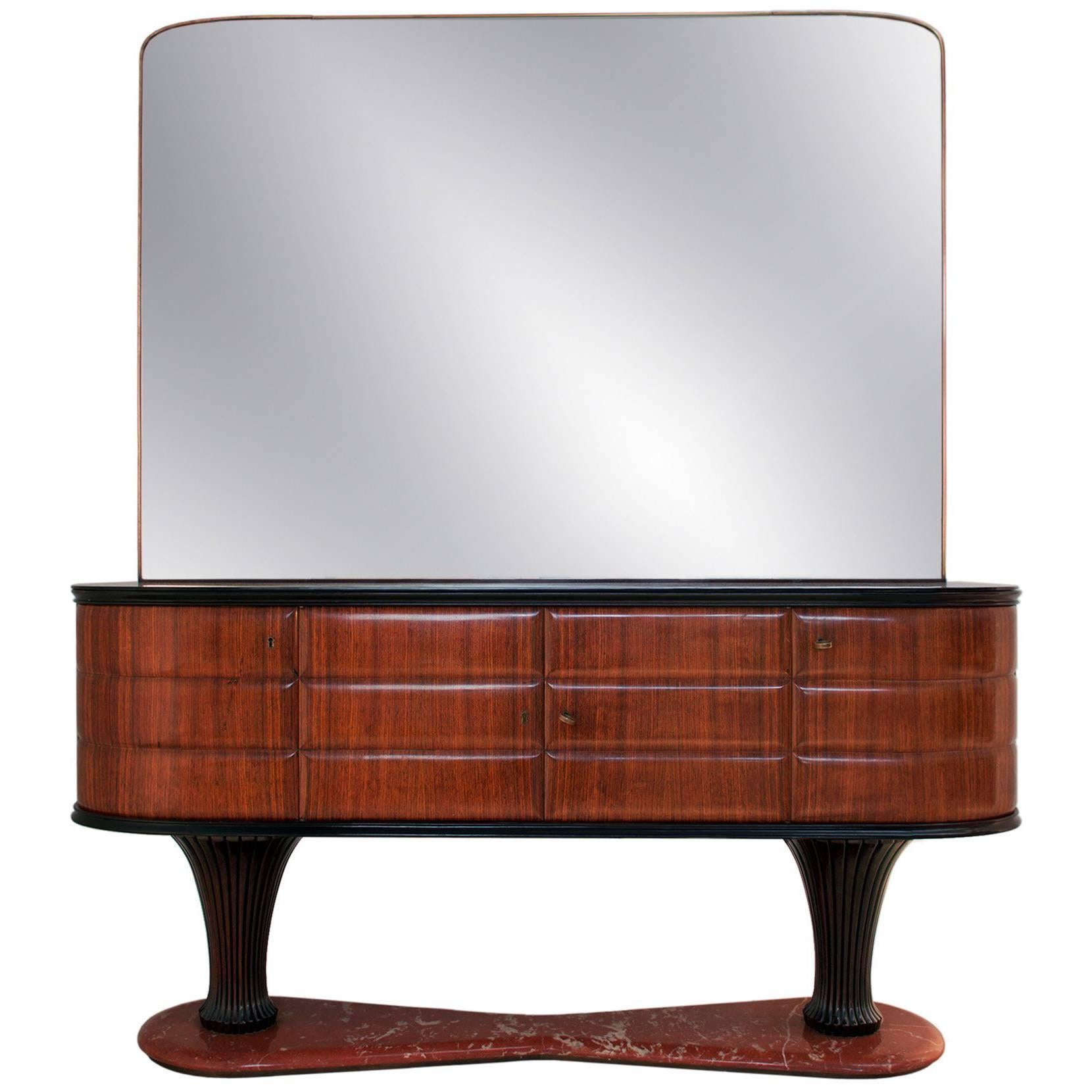 Italian Rosewood Sideboard with mirror and black Opaline by Dassi, 1950s