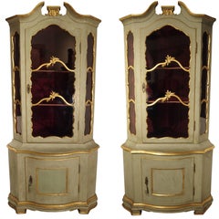 Antique Pair of Painted and Gilt Corner Cabinets from Italy, circa 1870