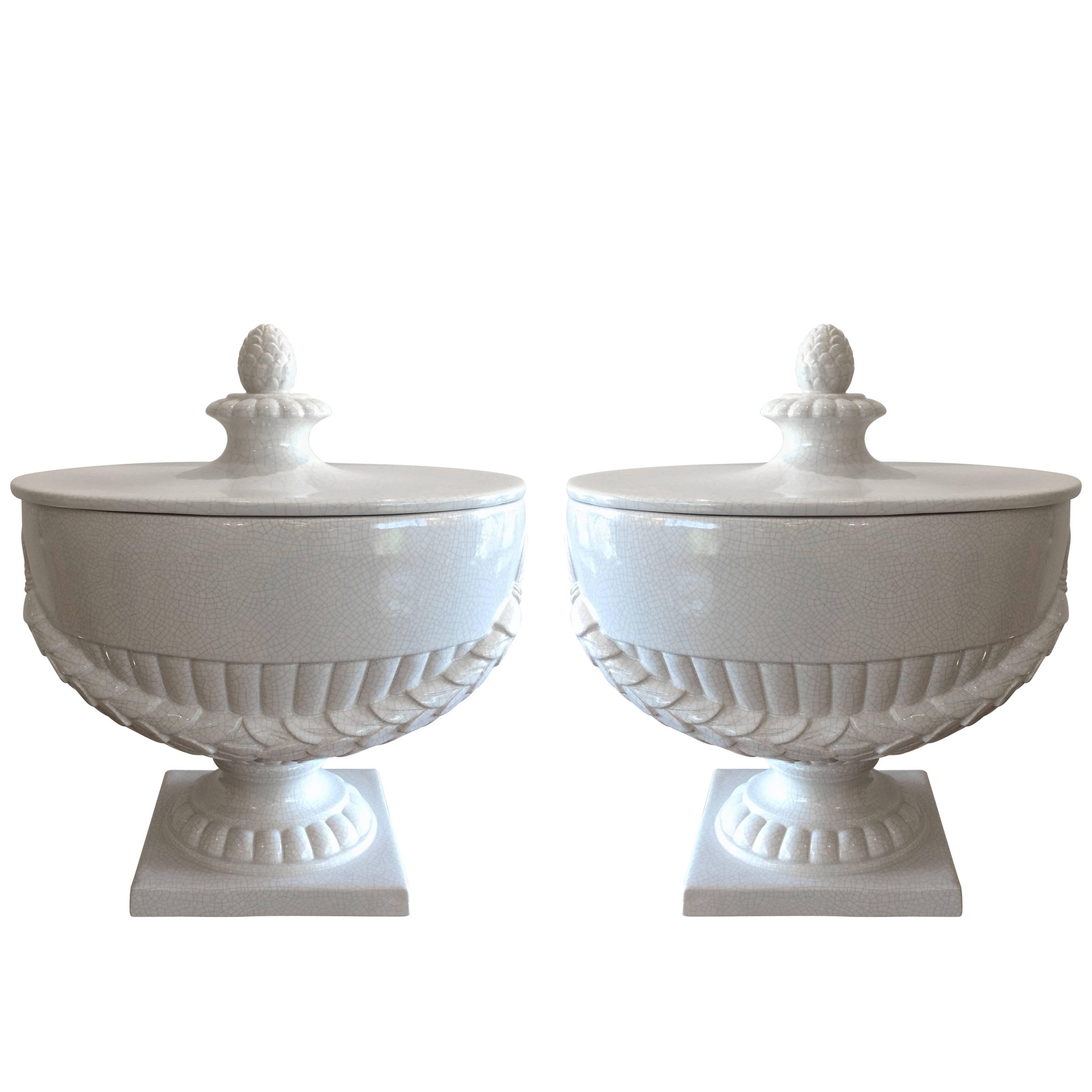 Elegant Pair of Large Neoclassical White Ceramic Lidded Urns