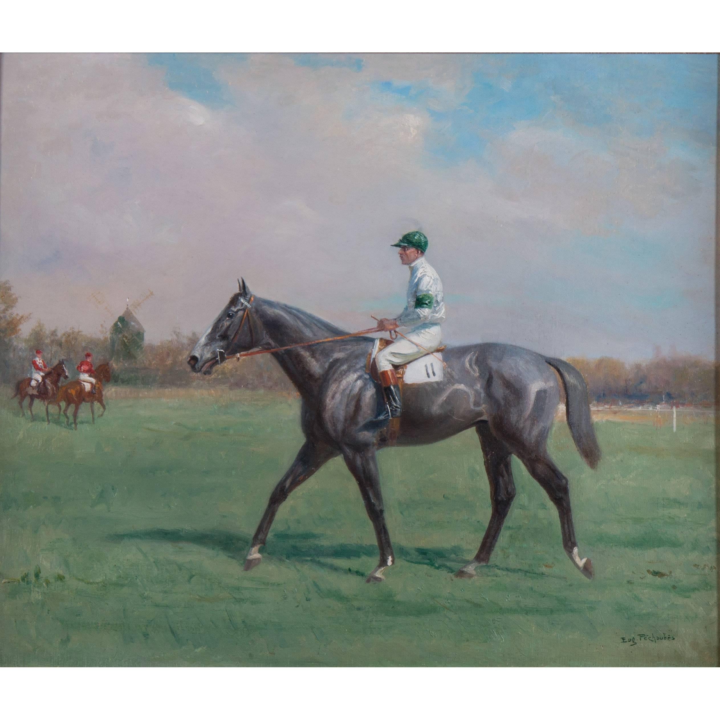 Horse Race Painting by Eugene Pechaubes, circa 1910 For Sale