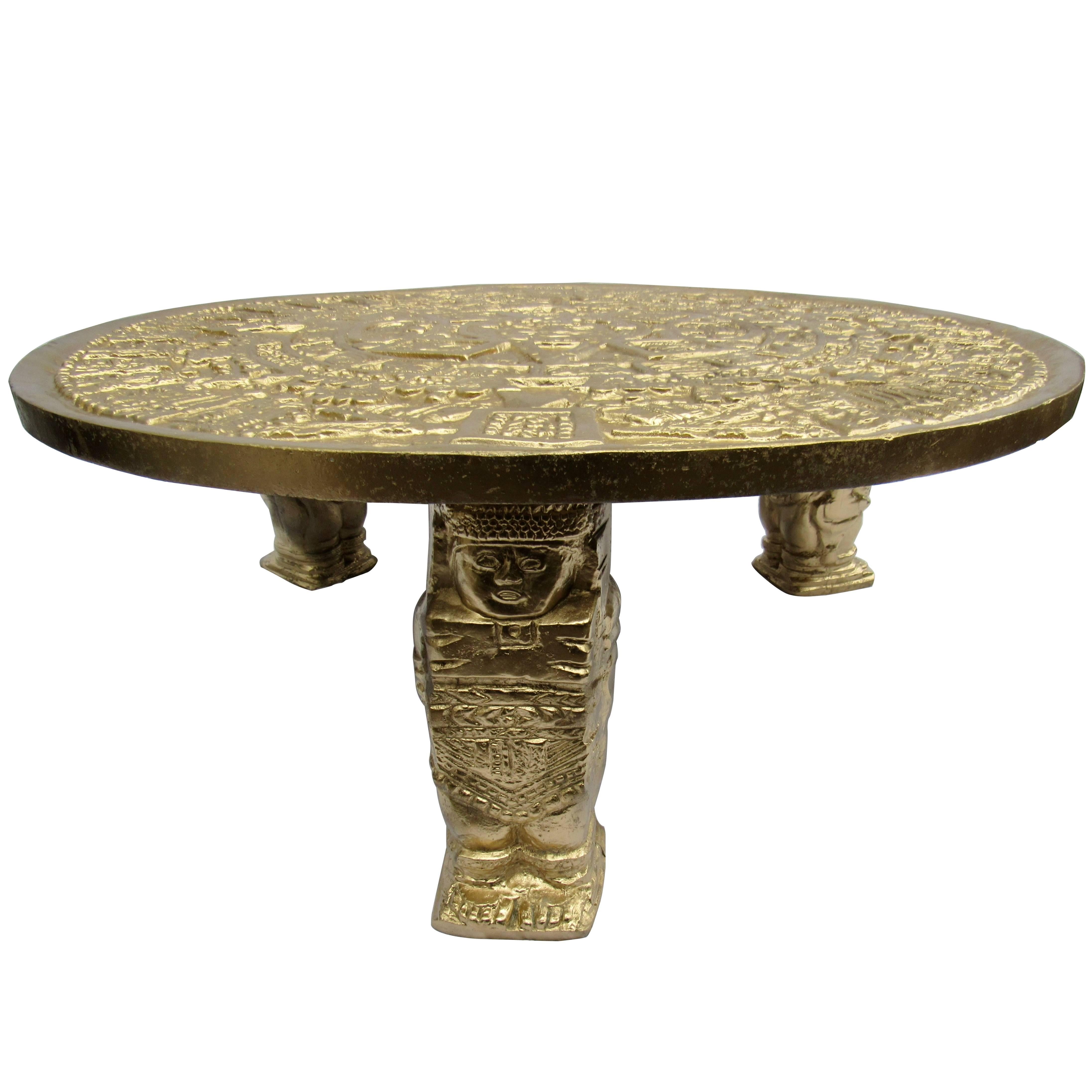 Gilt Bas- Relief Aztec Calendar Coffee Table Cast Aluminium, Mexican, 1960s For Sale