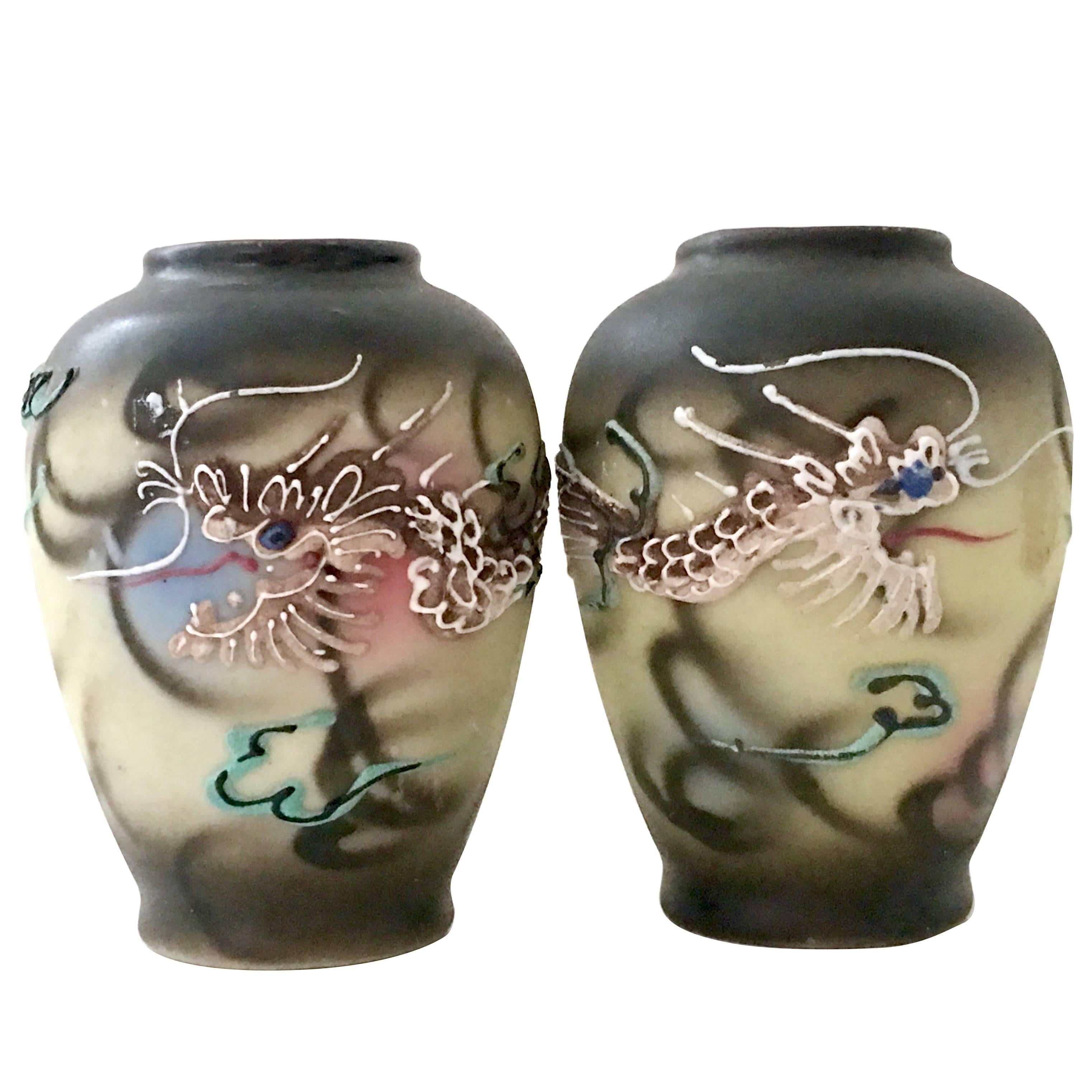 Vintage Pair Of Japanese Porcelain Moriage "Dragon" Bud Vases S/2