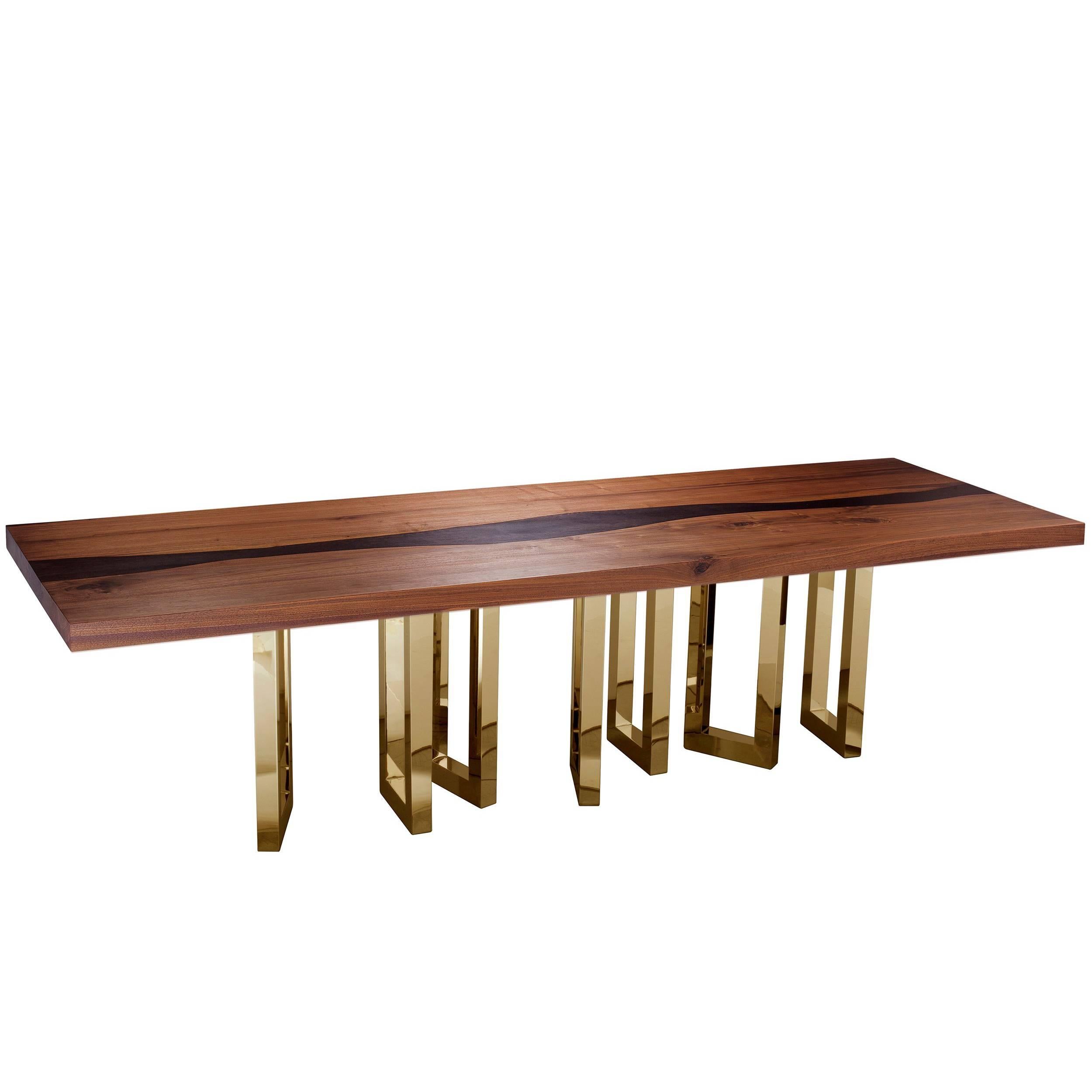 „Il Pezzo 6 Long Table“ Länge 300cm/118 - massiver Tisch aus Nussbaum und Wengé - Messingfuß