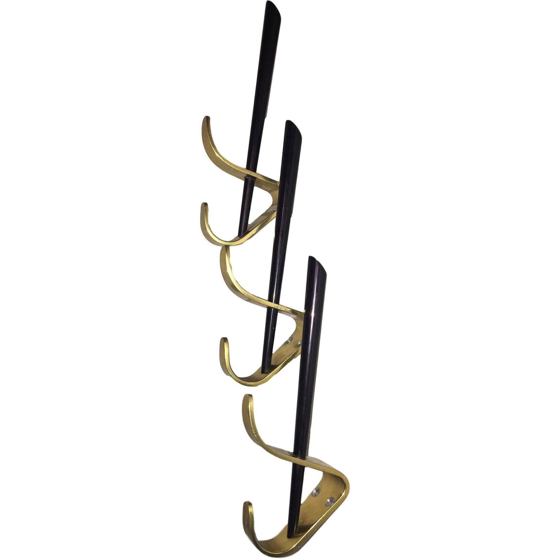 Three Midcentury 1950s Wall Hook Black and Brass Modernist Style