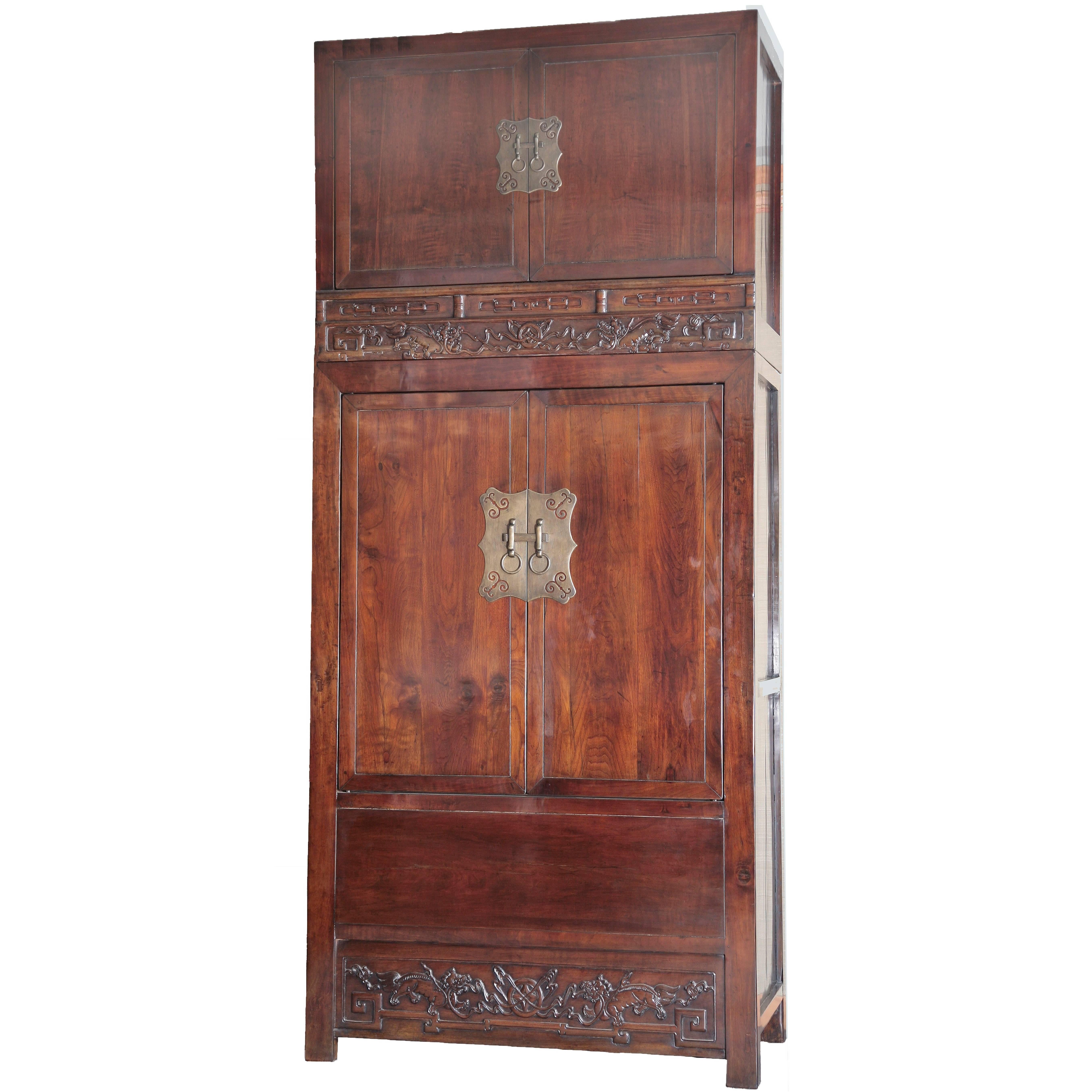 Antique Walnut Compound Cabinet, Relief-Carved Fu-Dogs, Chinoiserie