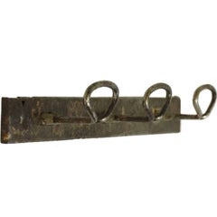 Vintage 1940s French Industrial Steel Three Hook Rack with a Distressed Nickel Finish