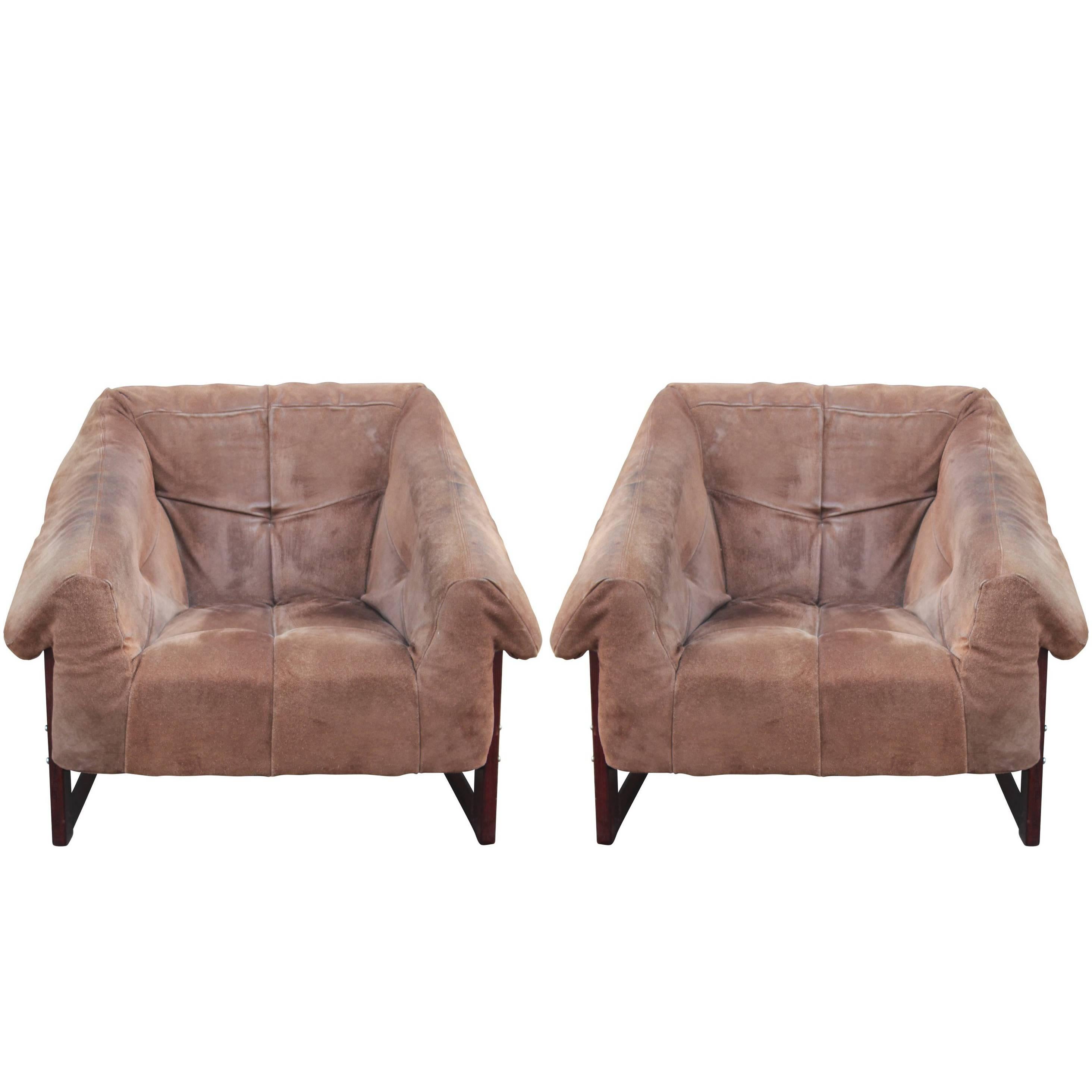 Pair of Modern Percival Lafer Brown Suede and Rosewood Lounge Chairs 