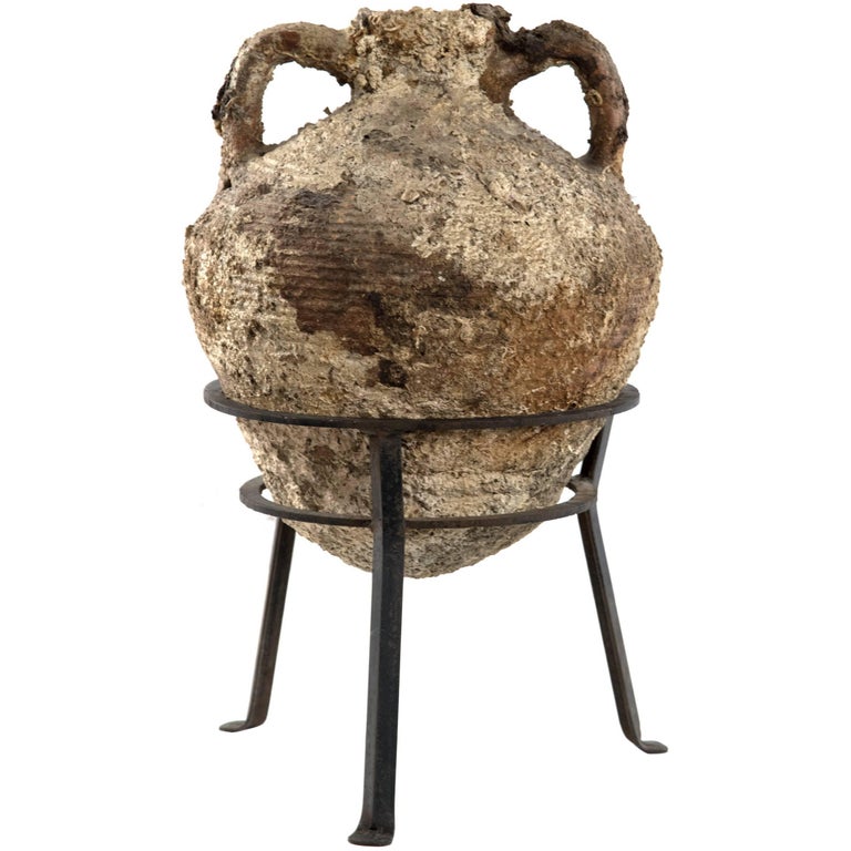 Italian Terracotta Amphora on Wrought Iron Tripod Stand at 1stDibs