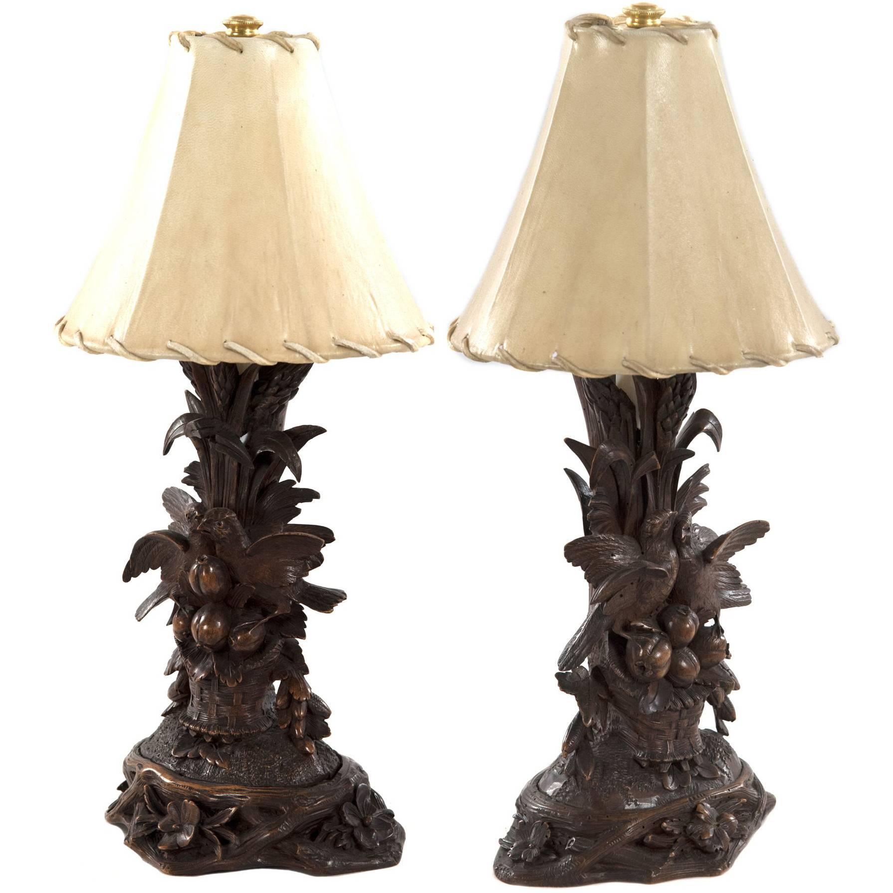 Pair of 19th Century Black Forest Carved Wood Bird Table Lamps