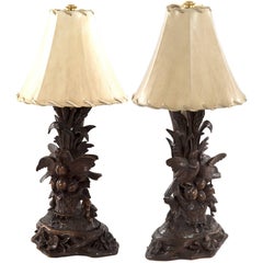 Used Pair of 19th Century Black Forest Carved Wood Bird Table Lamps