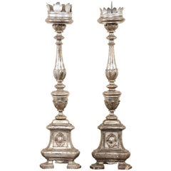 Pair of Tall Italian 19th Century Silver Gilt Candlesticks from Italian Church