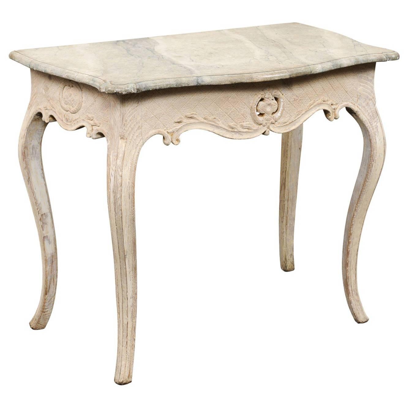18th Century Swedish Wood & Hand-Painted Faux Marble-Top Cream Color Side Table