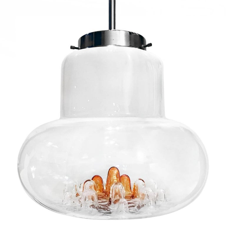 1970s Mazzega Murano White and Amber Glass Chandelier For Sale