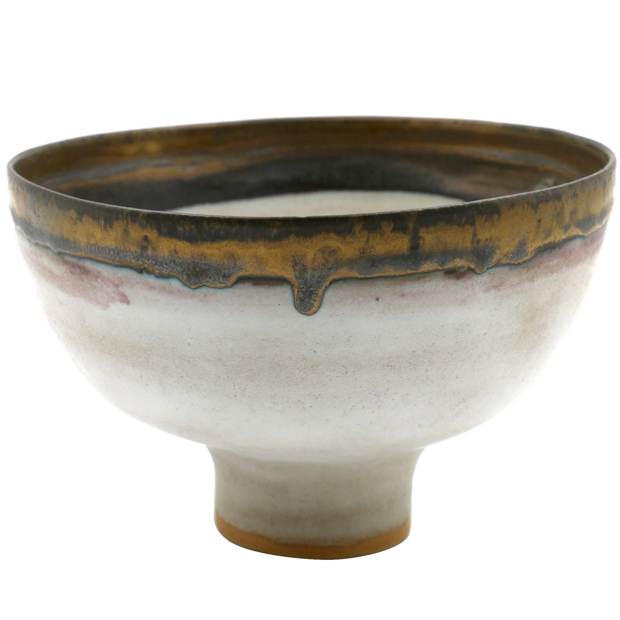 Lucie Rie White Bowl with Bronze Lip For Sale