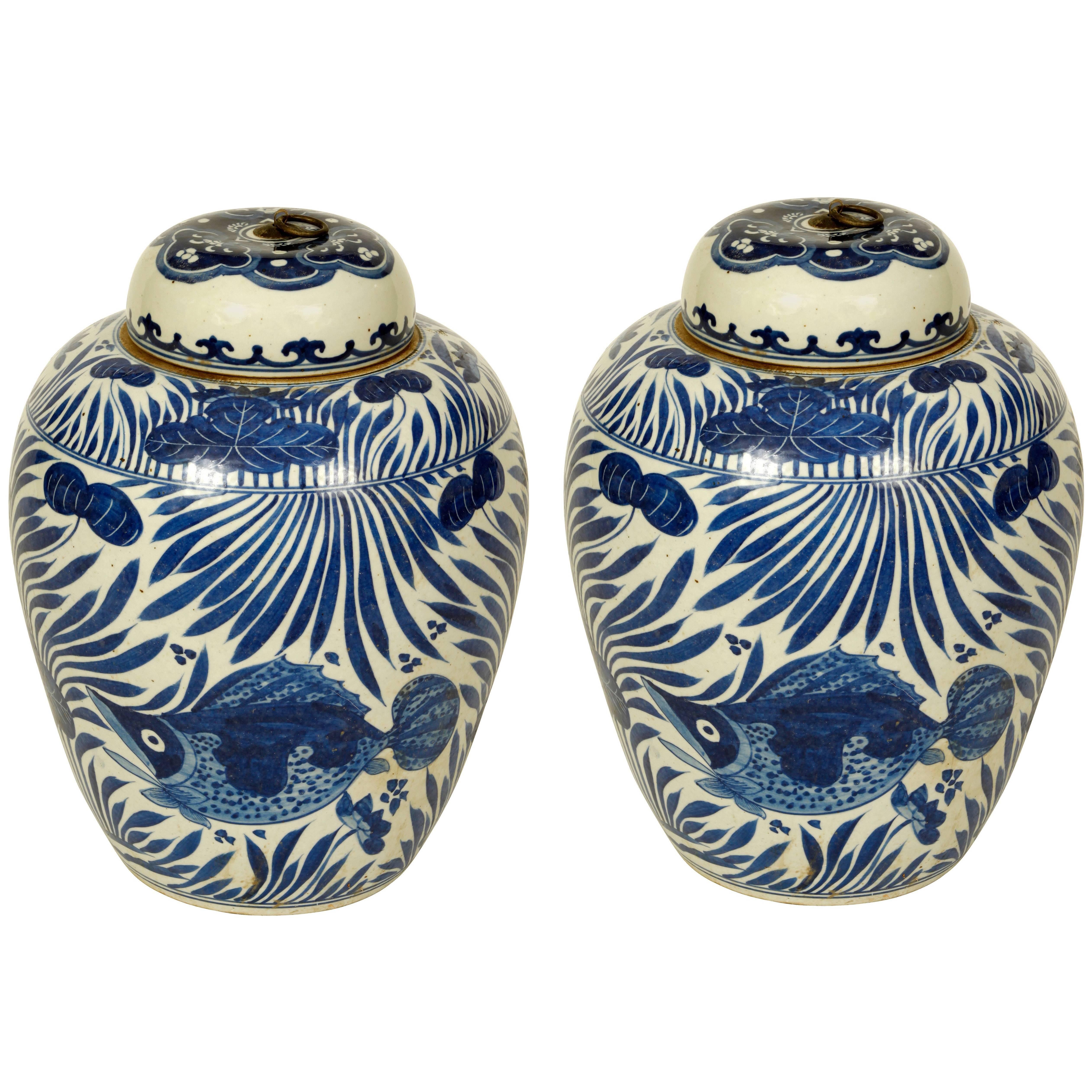 Pair of Export Chinese Jars with Lids