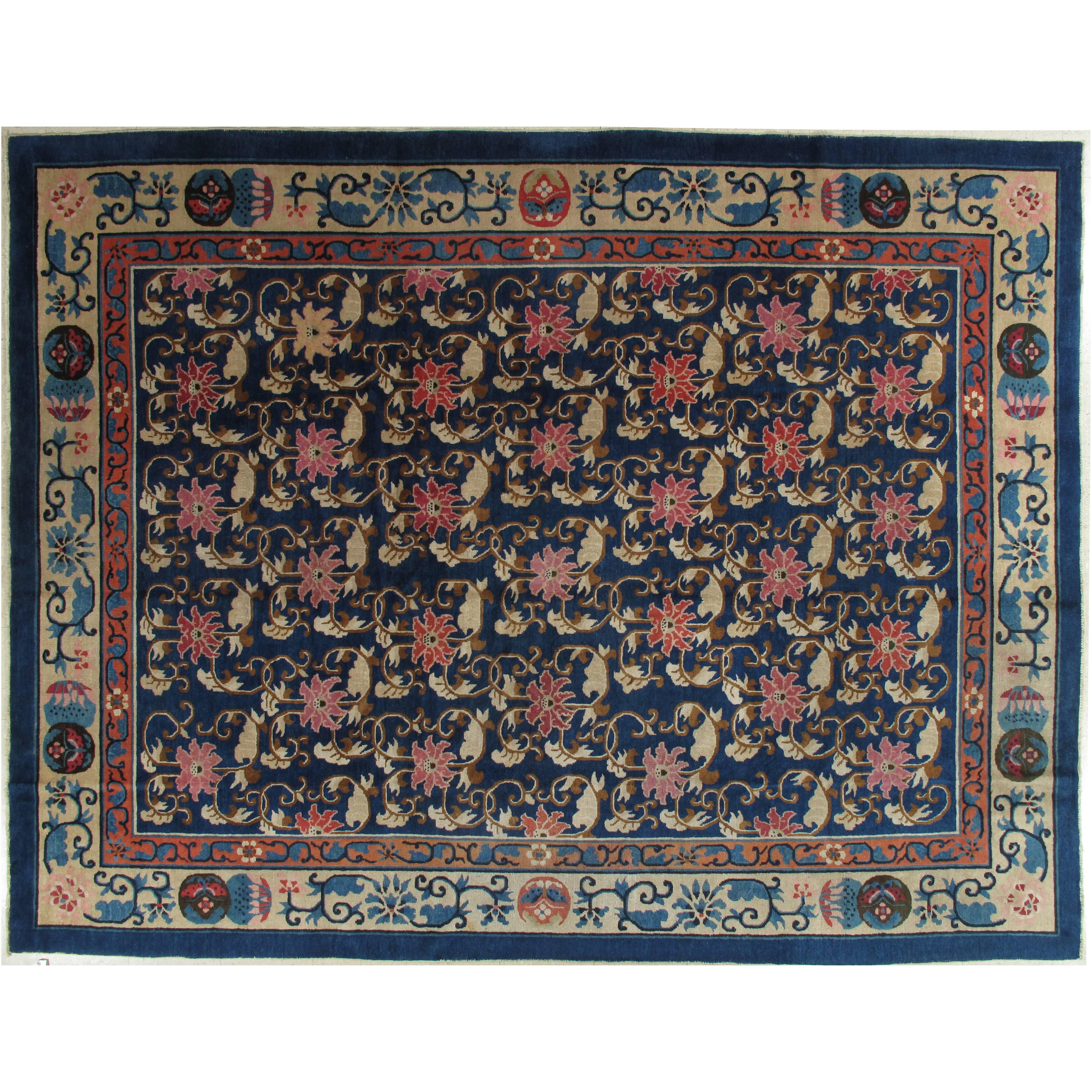 Antique Chinese Carpet, Oriental Rug, Handmade Nice Blue, Beige, Unusual Design