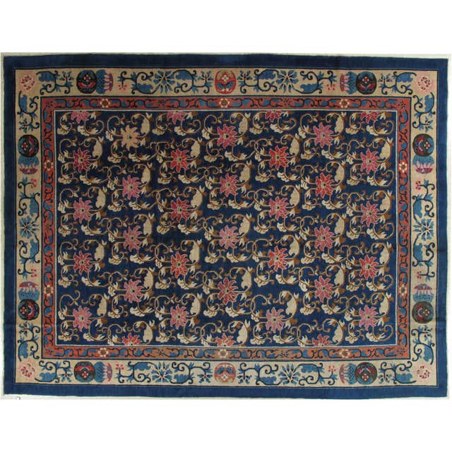 Antique Chinese Rug, Tan and Blue Oriental Handmade Wool Rug For Sale ...