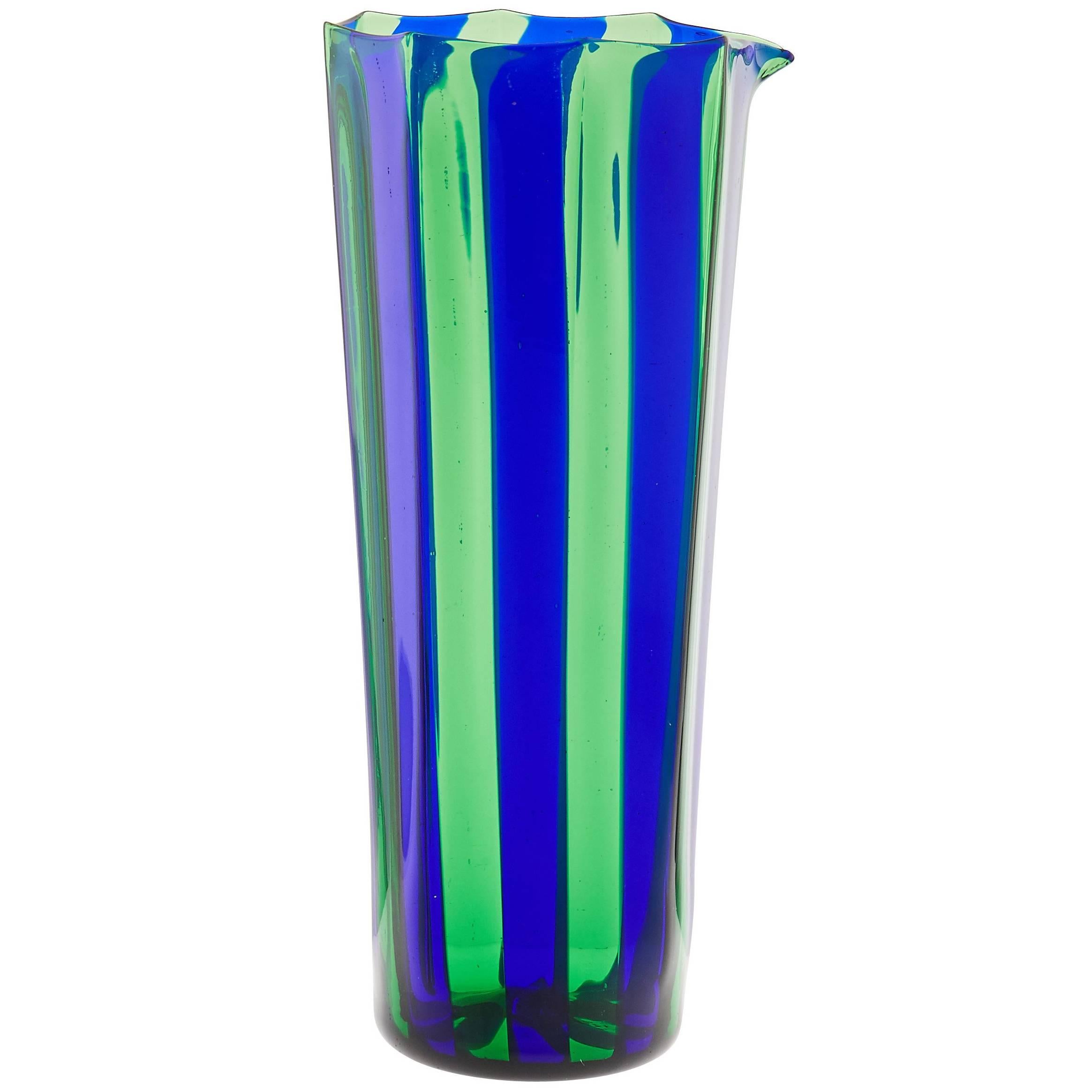 Campbell-Rey Octagonal Striped Carafe in Green and Blue Murano Glass