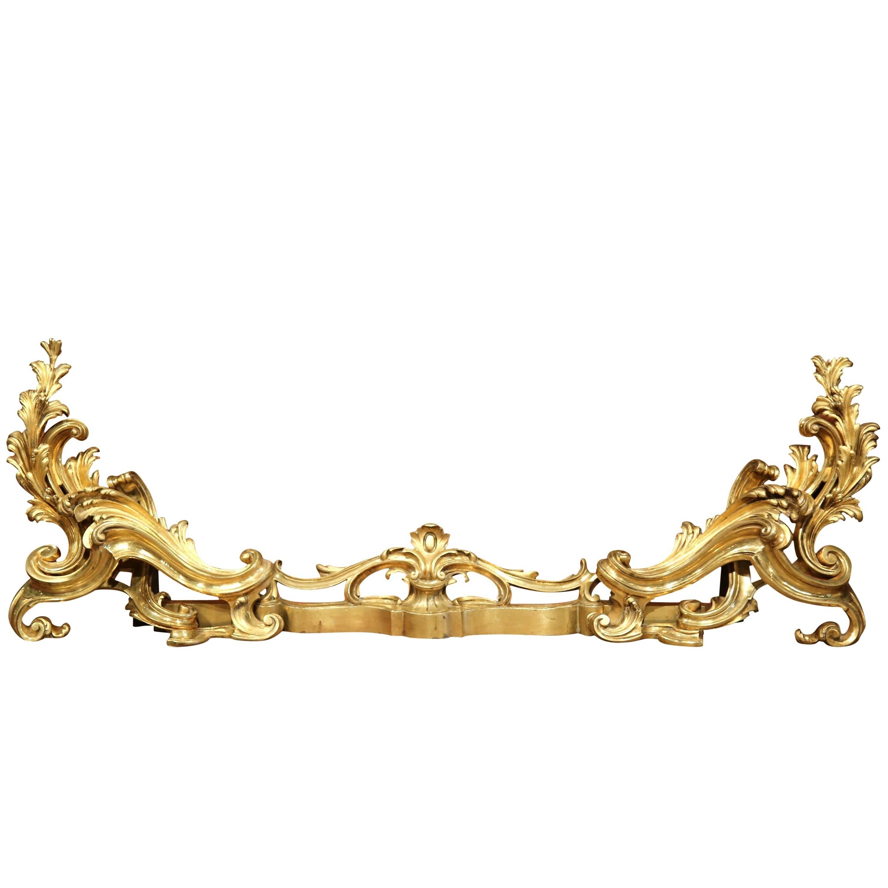 Pair of 19th Century French Gilt Bronze Chenets with Matching Fender