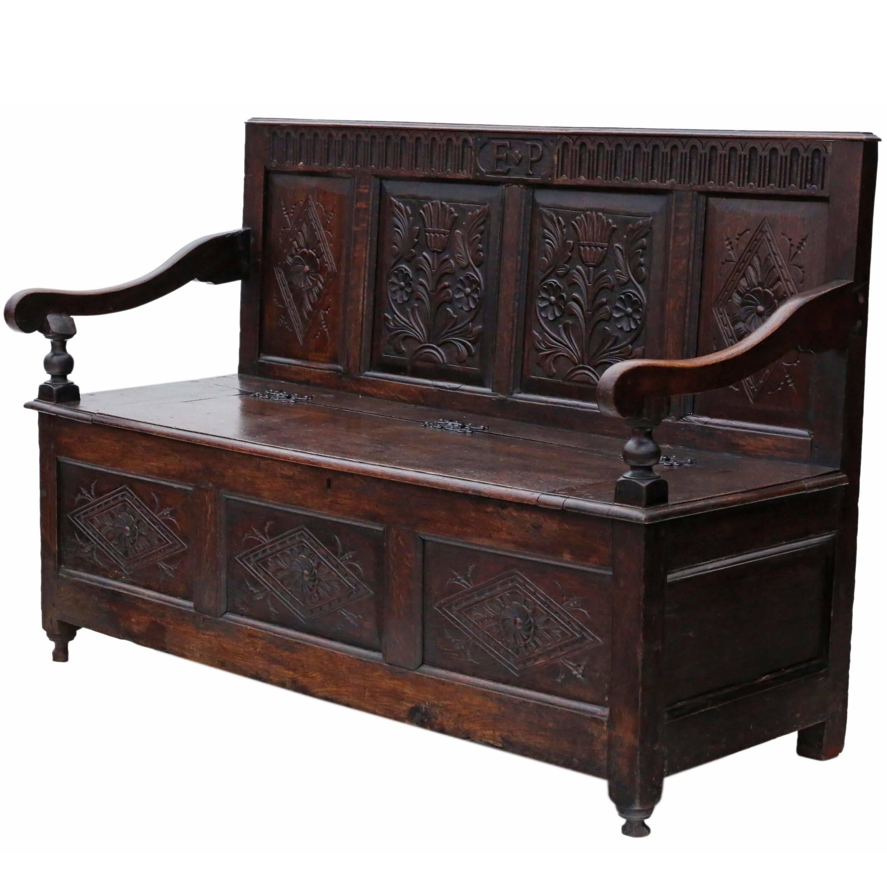Antique 18th Century Georgian Carved Oak Settle Coffer Bench Seat  For Sale