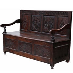 Antique 18th Century Georgian Carved Oak Settle Coffer Bench Seat 