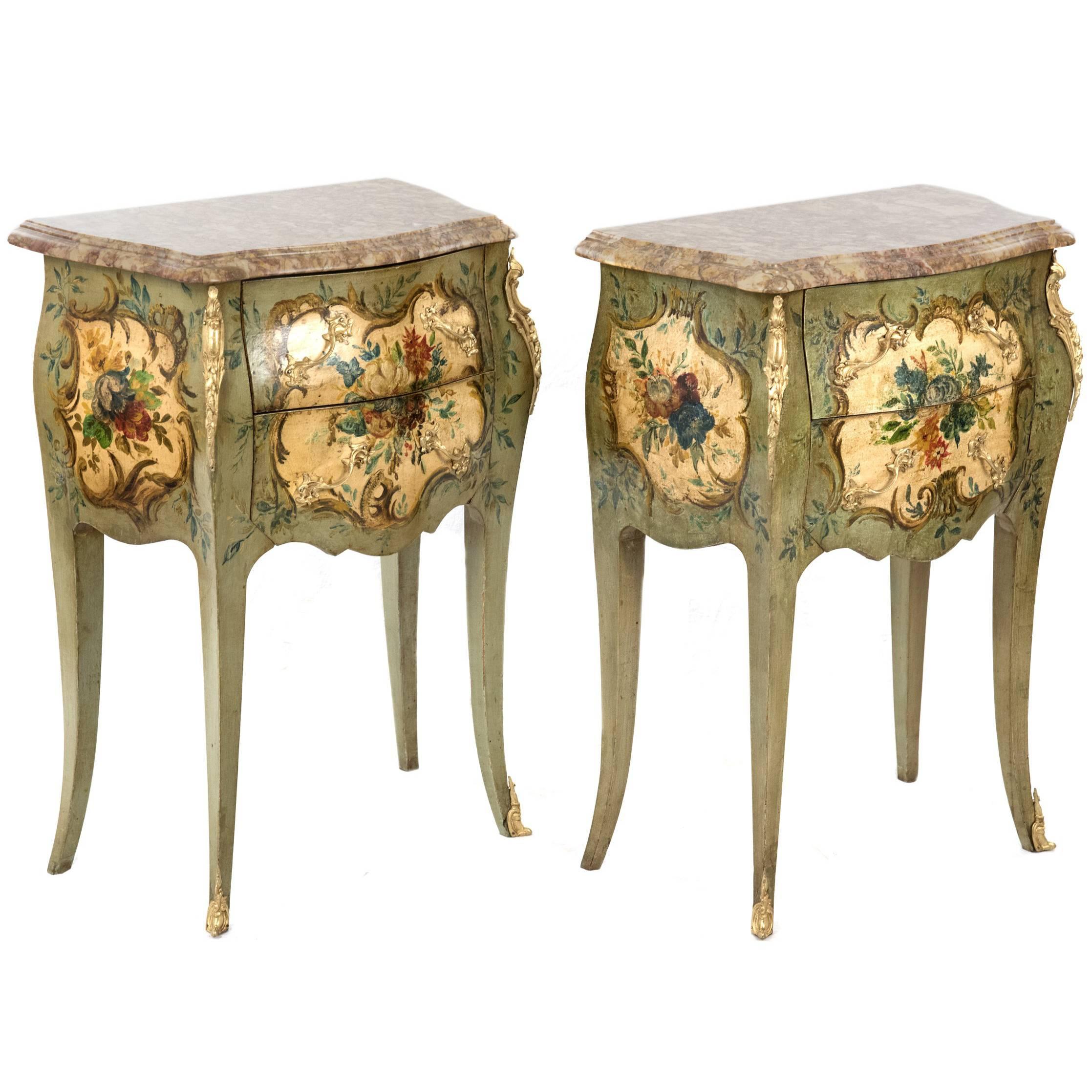 French, Louis XVI Style Painted and Marble-Topped Nightstands