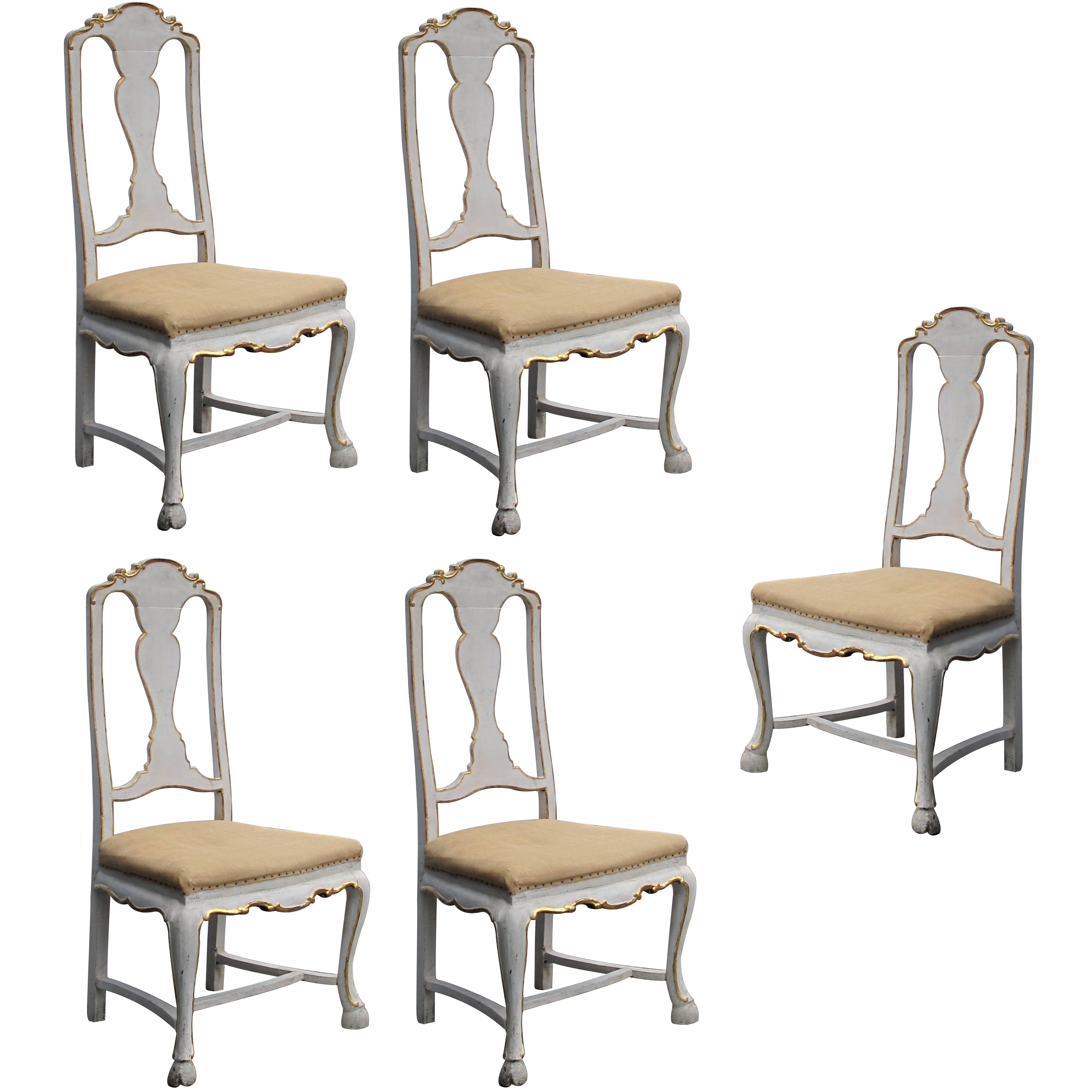 Shapely Set of Five Portuguese Rococo Ivory Painted Side or Dining Chairs