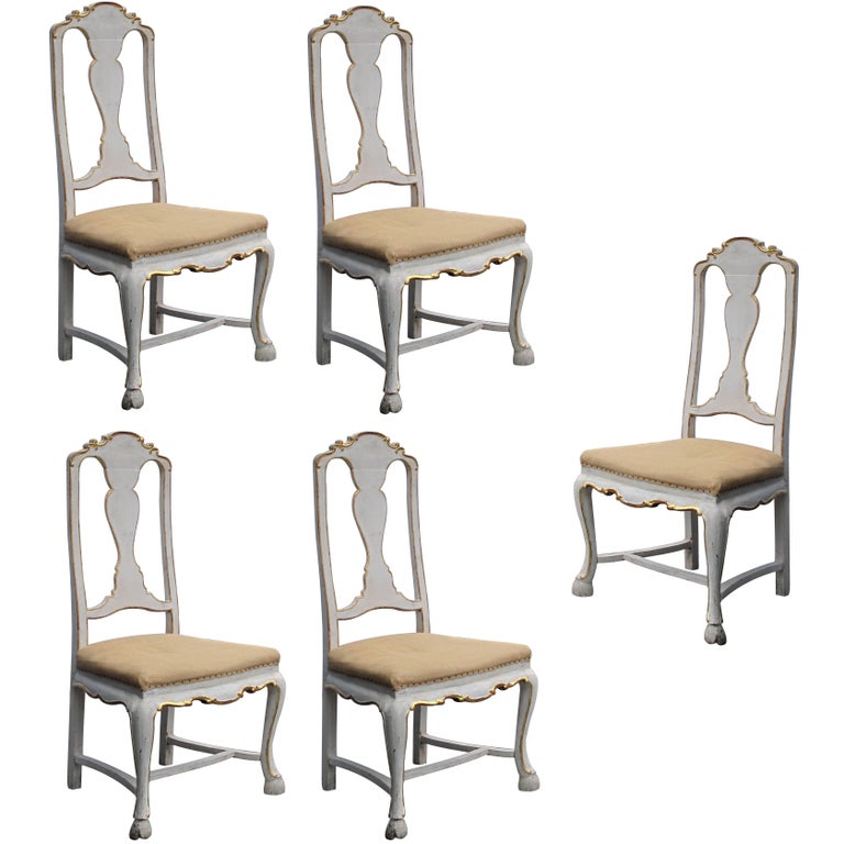 Shapely Set of Five Portuguese Rococo Ivory Painted Side or Dining Chairs For Sale at 1stDibs