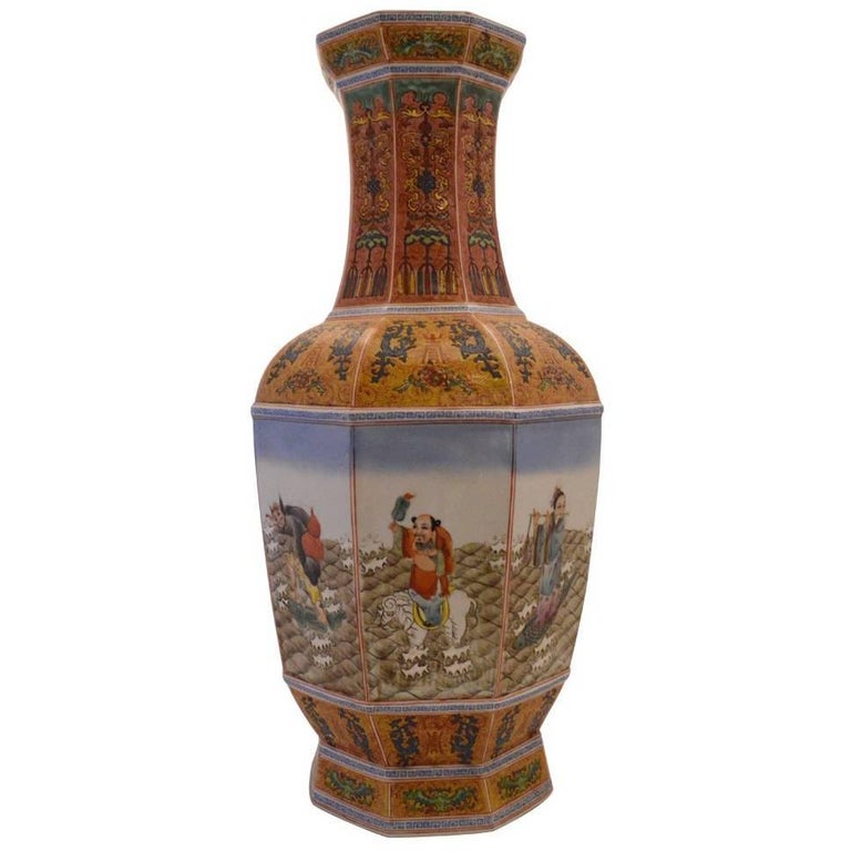 Tall Chinese Enameled Porcelain Segmented Stamped Vase with Eight